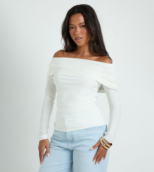 Fold Over Off Shoulder Long Sleeves Top