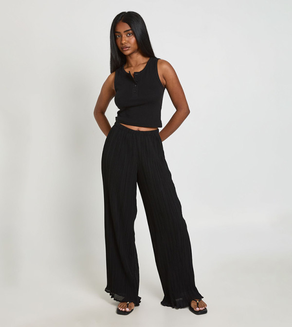 Plisse Wide Leg Trousers