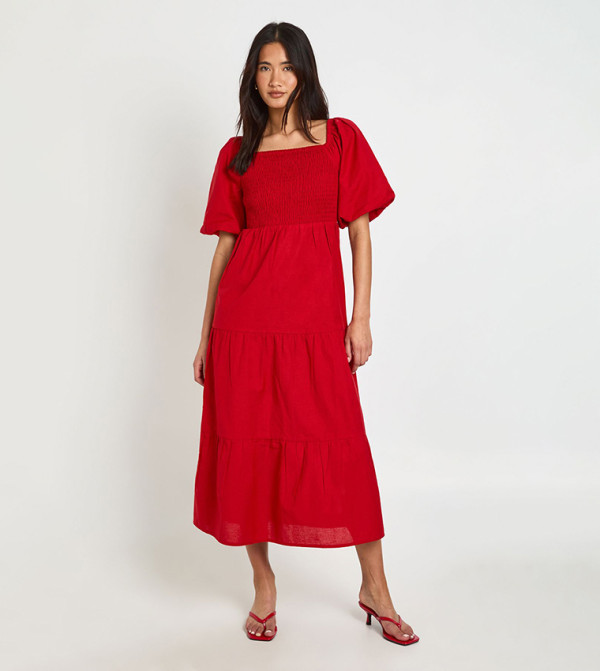 Linen Look Volume Sleeves Tiered Midaxi Dress