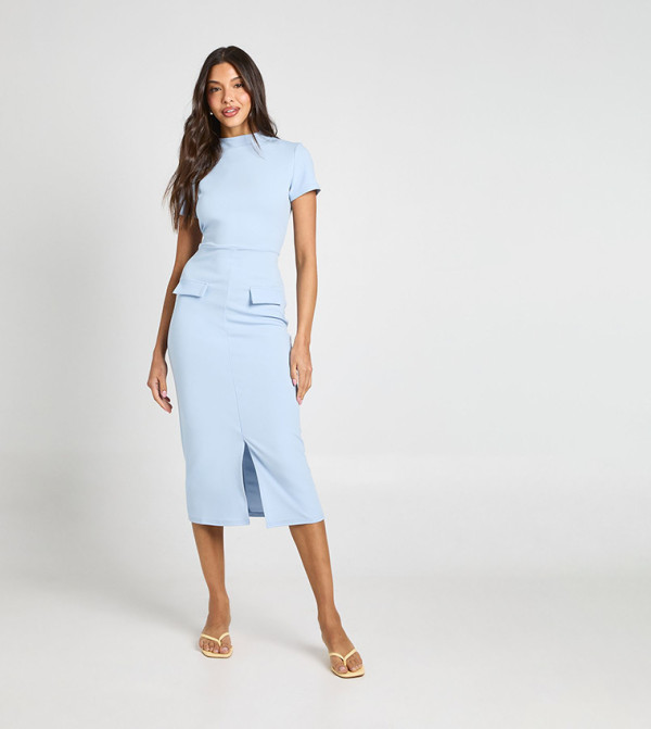 Crepe High Neck Pocket Detail Midi Dress