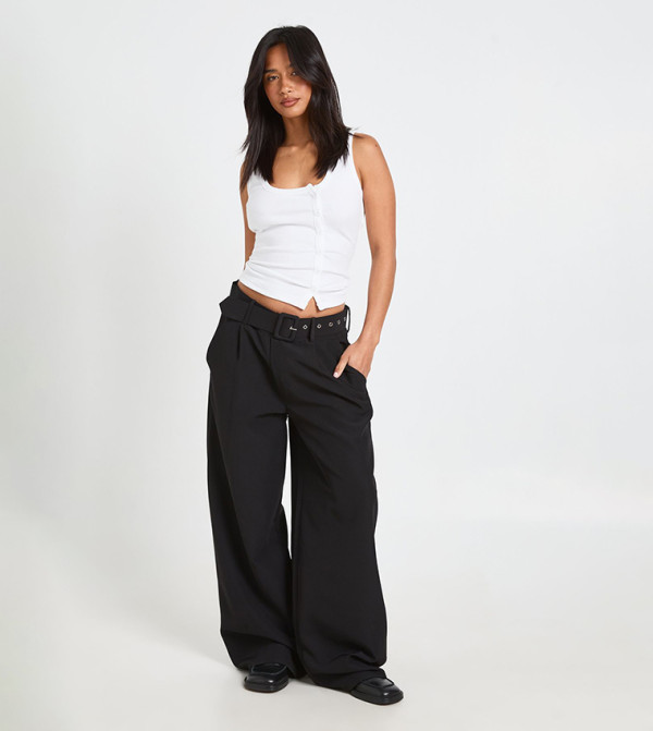 Petite Self Fabric Belted Wide Leg Trousers