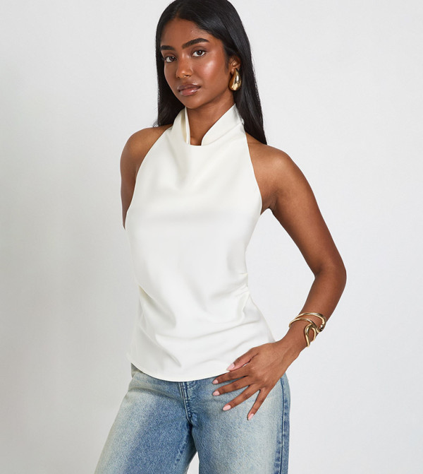 Satin High Cowl Neck Sleeveless Top