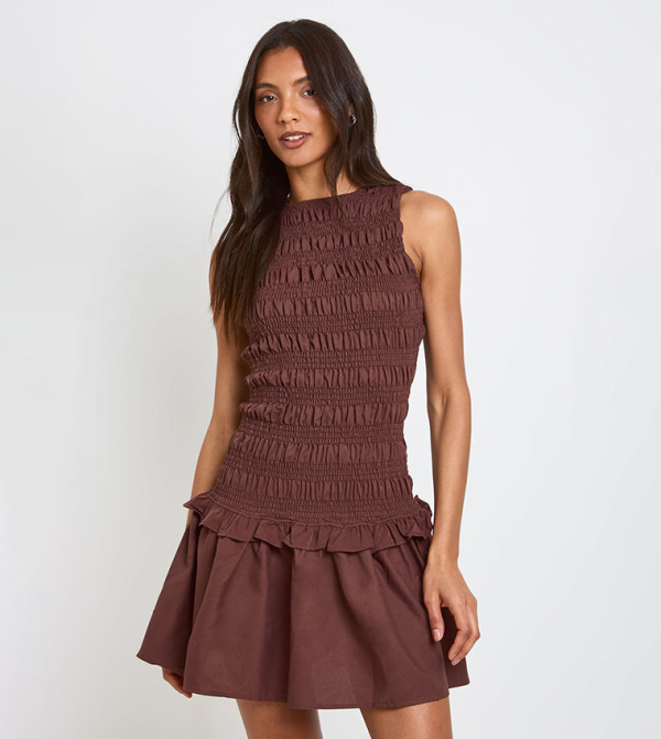 Tall Shirred Racer Neck Smock Mini Dress