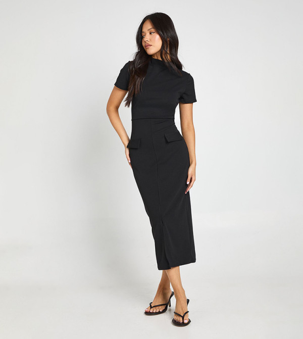 Petite Crepe High Neck Pocket Detail Midi Dress