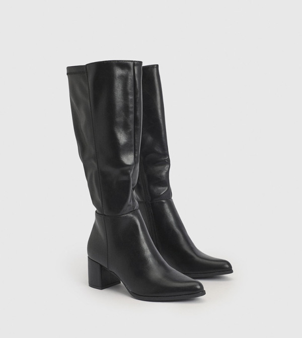 Low Block Heel Stretch Knee High Boots