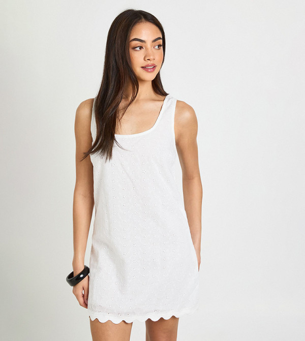 Broderie Scalloped Hem Shift Mini Dress