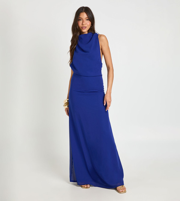 Chiffon High Cowl Neck Open Back Maxi Dress