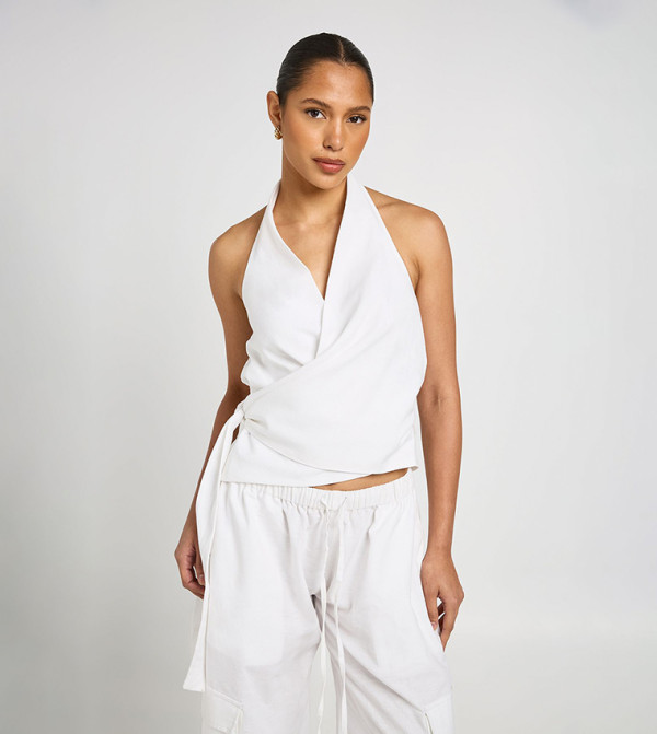 Linen Look Halterneck Wrap Top