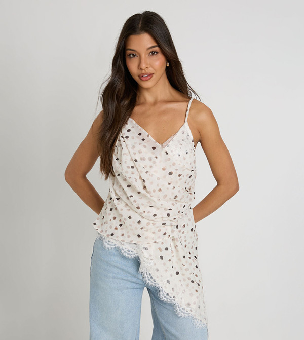 Polka Dots Lace Trim Draped Asymmetric Cami Top