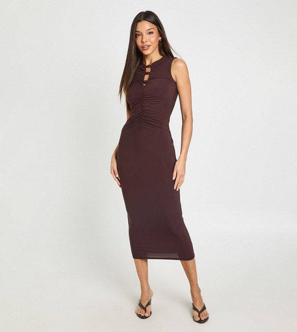 Double Layer Slinky Beaded Cut-Out Ruched Midaxi Dress