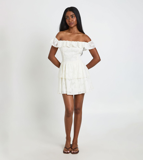 Textured Floral Bardot Mini Dress