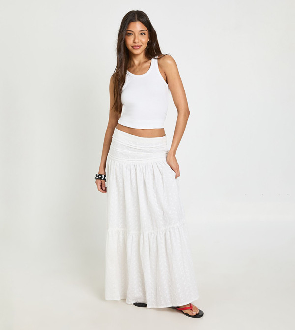 Elastic Waist Broderie Tiered Maxi Skirt