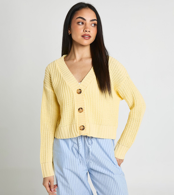 Button Detail V-Neck Crop Cardigan
