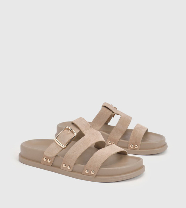 Faux Suede Double Strap Cut Out Footbed Flat Sandals