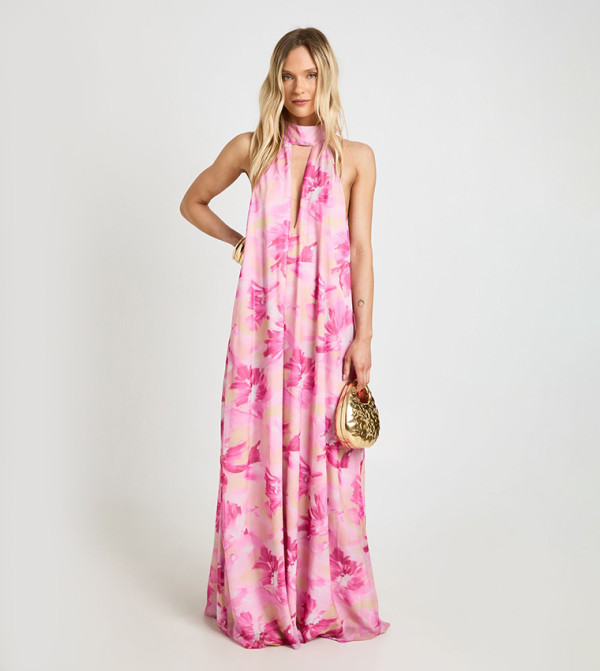 Petite Floral High Neck Pleated Maxi Dress