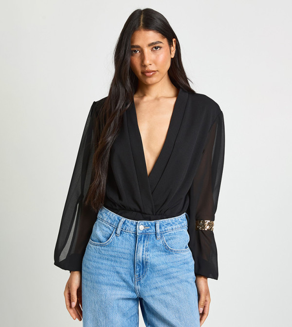 Tall Wrap Chiffon Sleeves Bodysuit Top