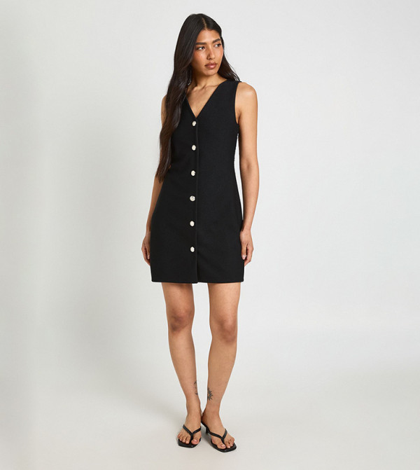 Tall Gold Button V-Neck Shift Dress
