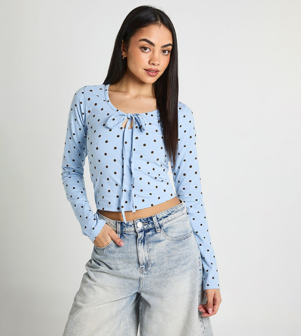 Polka Dots Tie Scoop Neck Long Sleeves Top
