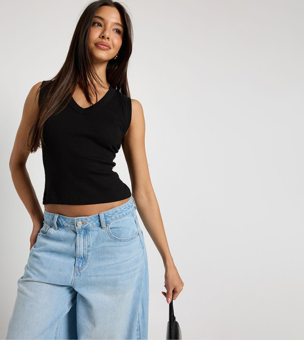Ribbed Thick Strap V-Neck Crop Top