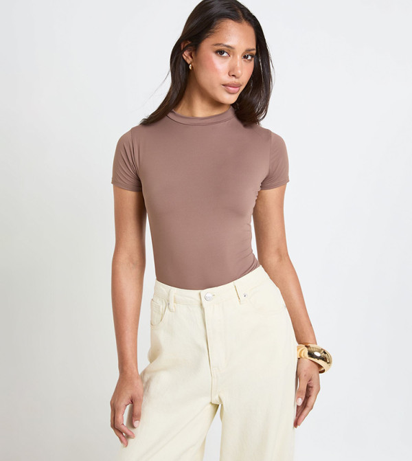 Second Skin Short Sleeves Mock Neck Bodysuit Top