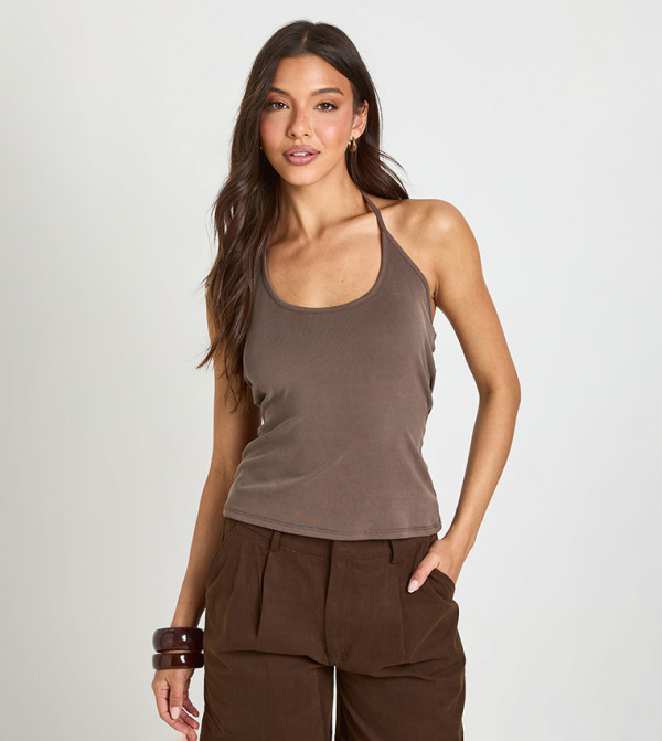 Premium Peached Ribbed Tie Back Halterneck Crop Top