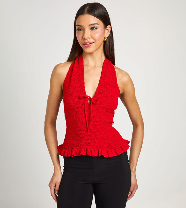 Tie Front Shirred Halterneck Top