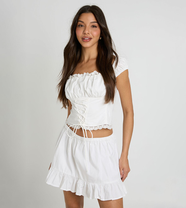 Broderie Trim Tie Front Corset Top