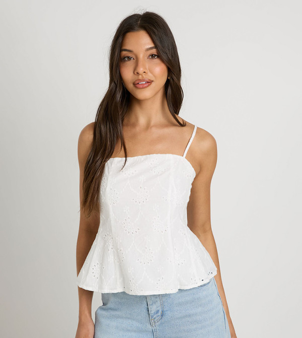 Spaghetti Strap Broderie Peplum Top