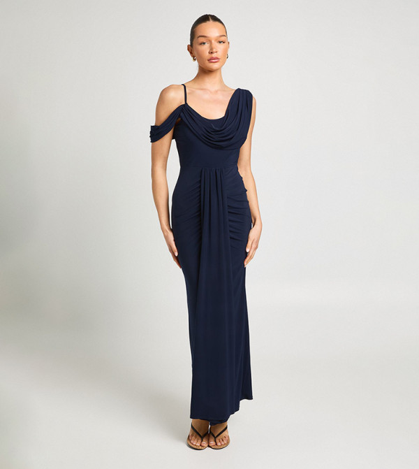 Double Layer Slinky Drape Front Cold Shoulder Maxi Dress