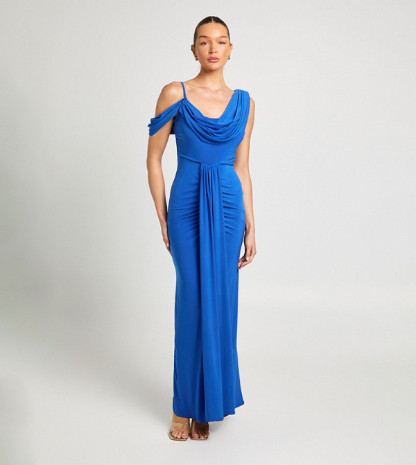 Double Layer Slinky Drape Front Cold Shoulder Maxi Dress