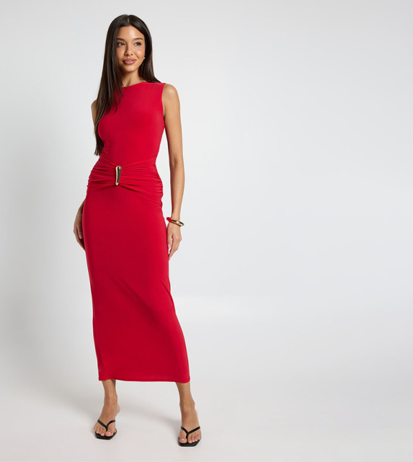 Double Layer Slinky Gold Trim Detail Ruched Midaxi Dress