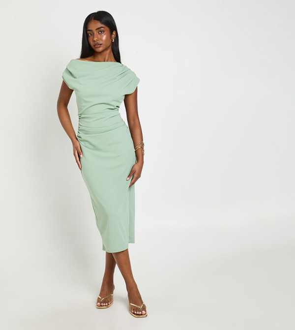 Crepe Asym Neck Drape Midi Dress