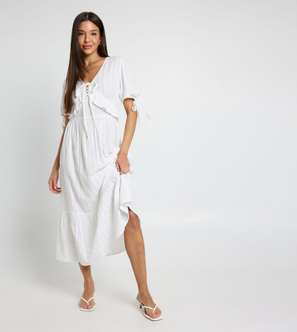 Seersucker Ruffle Detail Midaxi Dress