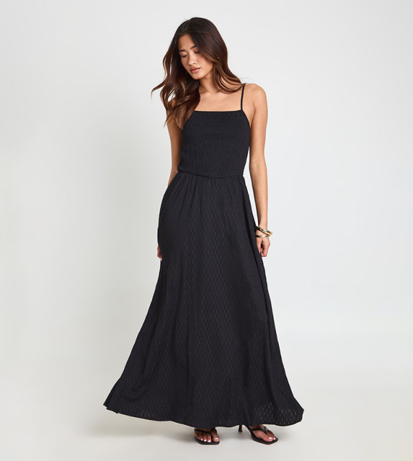 Textured Square Neck Shirred Bodice Maxi Dress