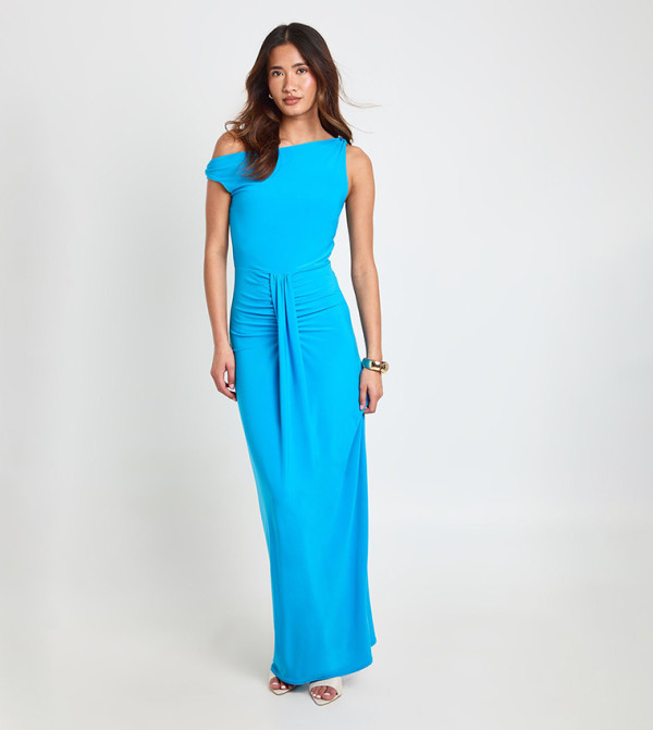 Double Layer Asym Neck Slinky Drape Front Maxi Dress