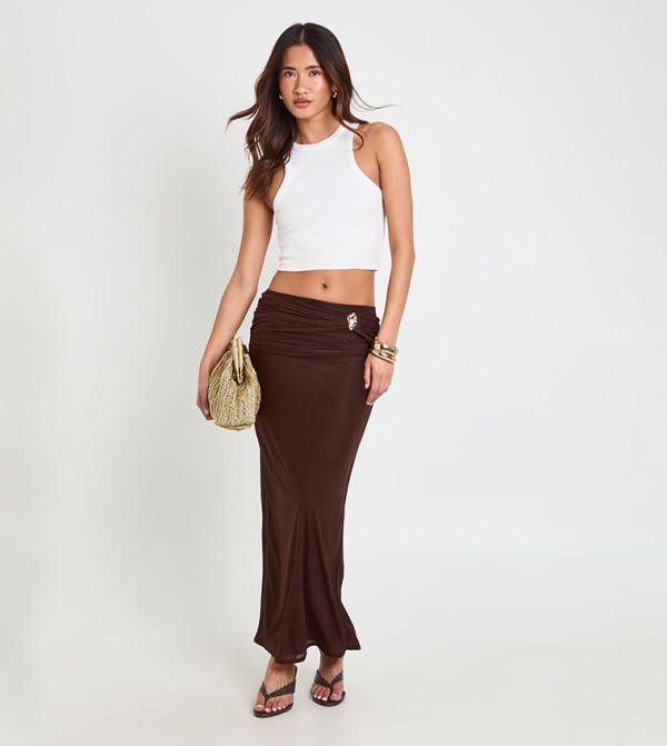 Sheer Ruched Belt Trim Detail Maxi Skirt
