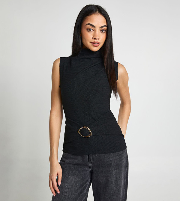 Textured Ruched High Neck Trim Detail Top