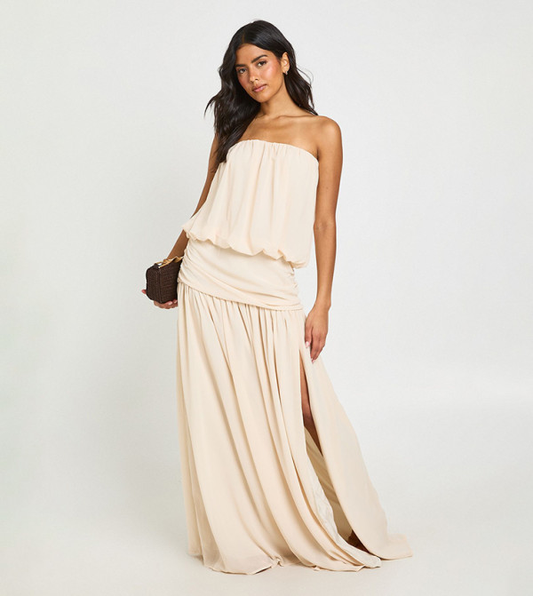 Chiffon Bandeau Blouson Ruched Drop Waist Maxi Dress