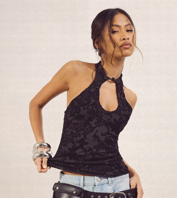Keyhole Devore Trim Halterneck Top