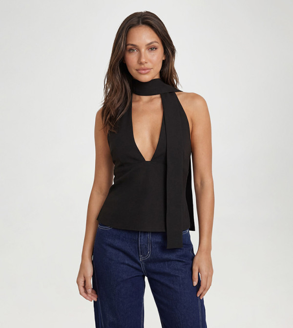 Scarf Detail Plunge Sleeveless Tailored Top