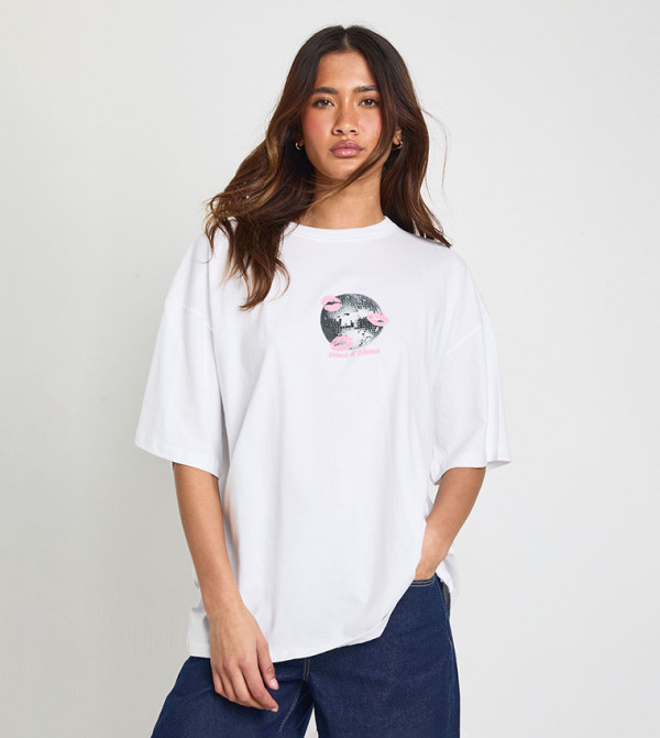 Disco Ball and Kisses Printed Oversized T-Shirt