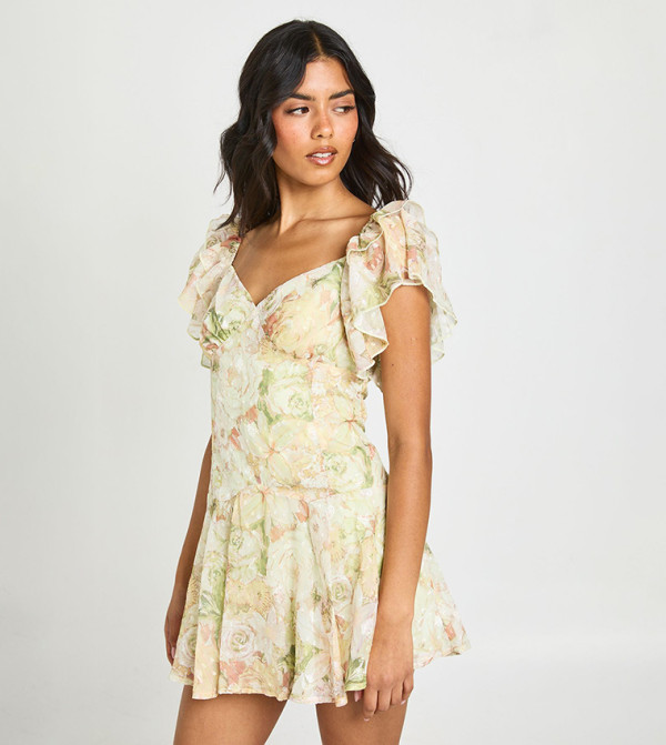 Floral Jacquard Angel Sleeves Mini Dress