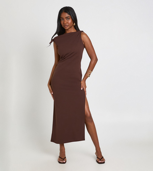 Crepe Knot Shoulder Midaxi Dress