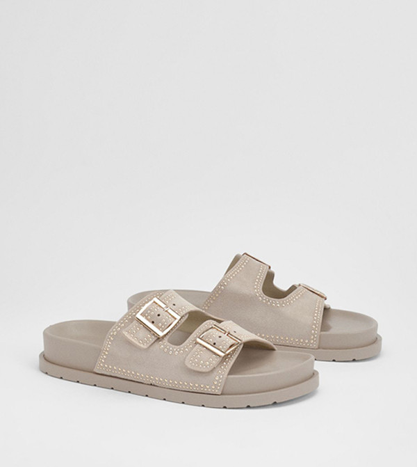 Faux Suede Stud Detail Double Buckle Sandals