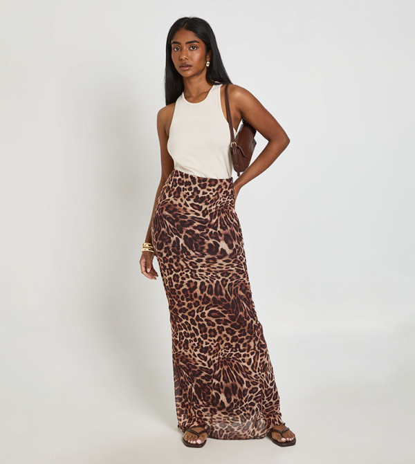 Animal Print Mesh Maxi Skirt