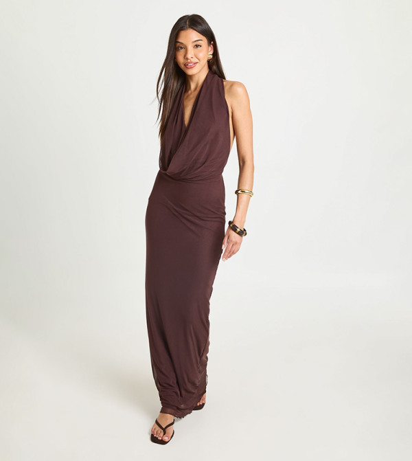 Solid Halterneck Mesh Maxi Dress
