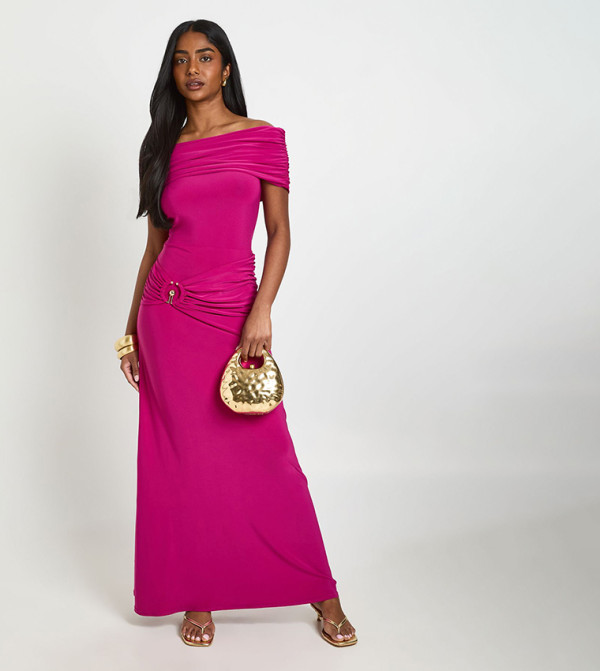 Ruched Bardot Trim Detail Maxi Dress