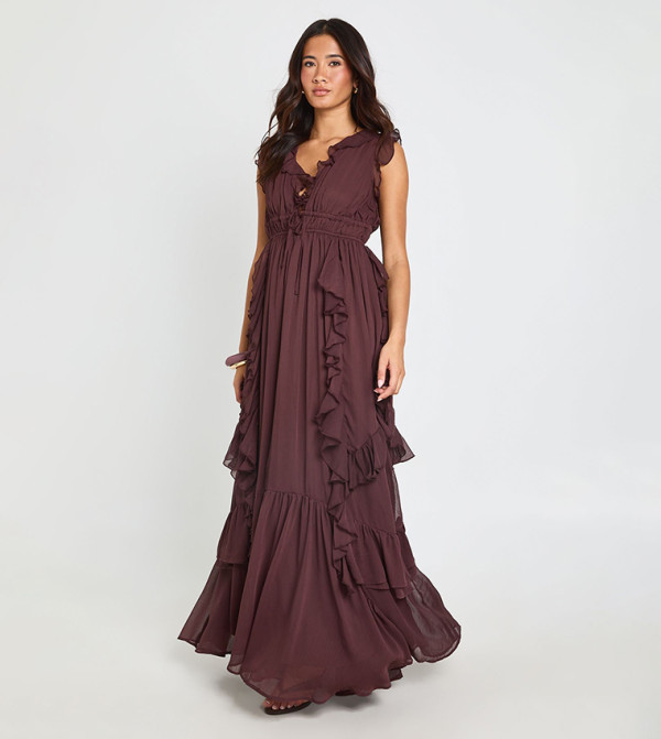 Chiffon Ruffle Detail Floaty Maxi Dress