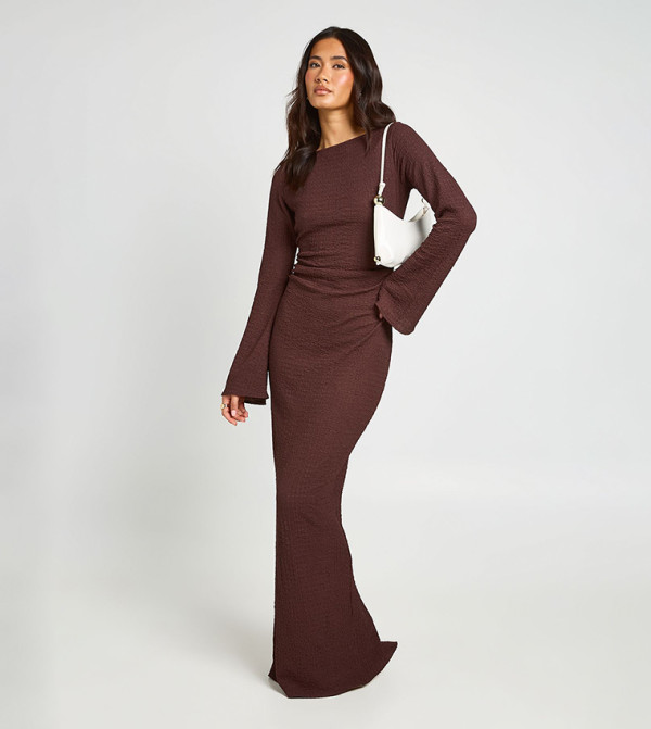 boohoo long sleeve maxi dress Lemon boohoo Plus Chiffon Long Sleeve Pleated Waist Maxi Dress