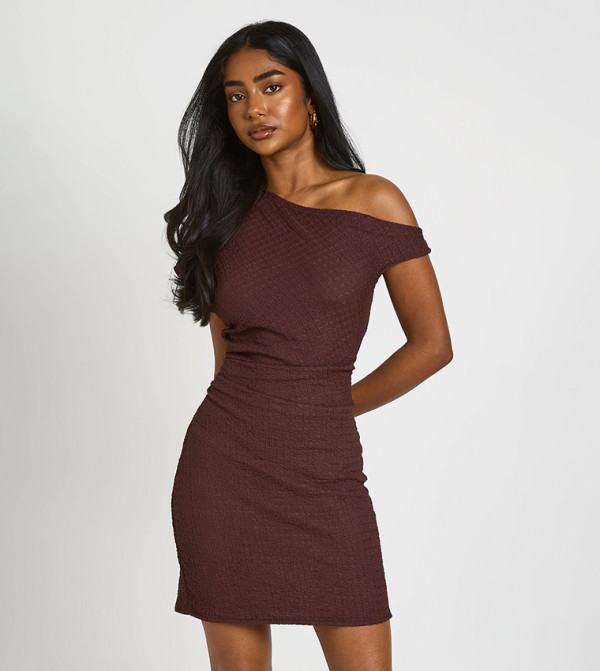 Textured Ruched Waist Asymmetric Neck Mini Dress